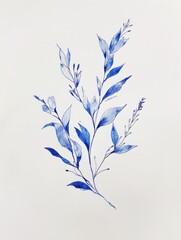 A detailed drawing of a blue plant on a plain white background, showcasing intricate details and shading