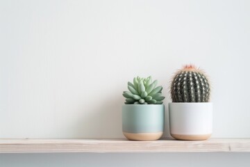 Cactus on simple pastel color pot on wooden shelf; white wall background with copy space, generated with AI