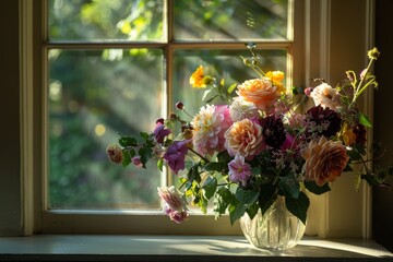 A commercial photograph of an elegantly arranged bouquet of flowers placed on a window sill, illuminated by soft natural light