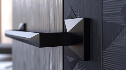 A UHD close-up of a set of designer door handles in unique geometric shapes, their bold design and matte black finish making a statement against the neutral backdrop.