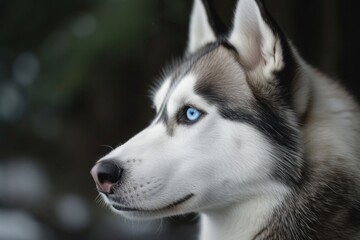 A majestic husky stares into the distance, its piercing blue eyes reflecting determination and loyalty,