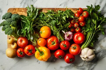 A variety of fresh vegetables neatly arranged on a wooden cutting board showcasing vibrant colors