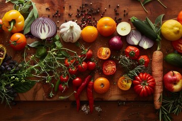 A variety of fresh vegetables displayed on a wooden table, showcasing vibrant colors and textures