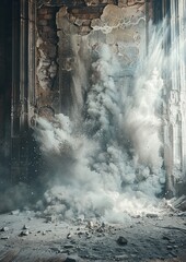 Blasting concrete wall in a photo studio, wide angle shot, generated with AI