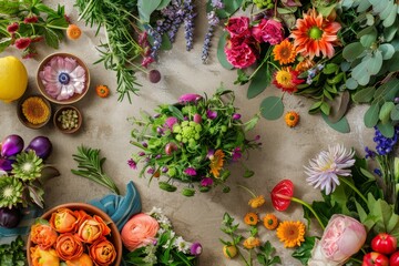 Various types of fresh flowers arranged on a tabletop in a commercial photography setting