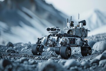 A toy vehicle with a camera mounted on its top, resembling robotic explorers used for collecting data on distant planets or moons