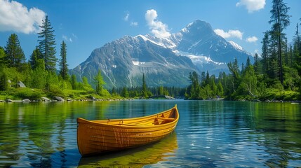 Yellow canoe sits in a lake surrounded by trees. The scene is peaceful and serene, with the mountains in the background adding to the sense of tranquility - obrazy, fototapety, plakaty