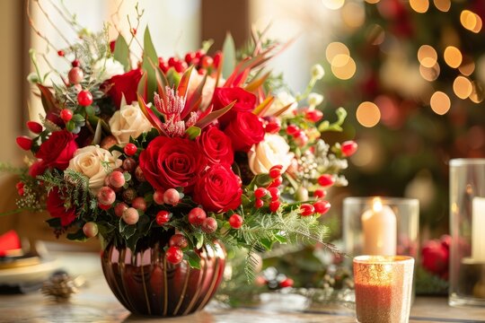 A vase filled with a variety of red and white flowers arranged beautifully to create a vibrant centerpiece