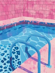 A painting featuring a swimming pool set against a pink wall, capturing the vibrant contrast between the two elements