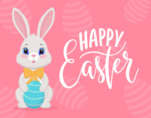 Happy Easter card, Happy Easter greeting, cute Easter bunny with egg on pink background