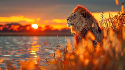 Lion is sitting in tall grass by a body of water. The sun is setting in the background, casting a warm glow over the scene. The lion appears to be looking out over the water - obrazy, fototapety, plakaty