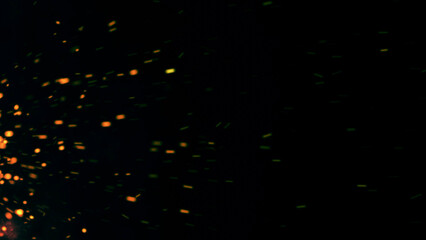 Dark Glitter Fire Lights Rise Through Smoke, Fog, and Misty Texture Over Black Background, Burning Sparks in this Abstract Composition, Red Glowing Ember Particles.