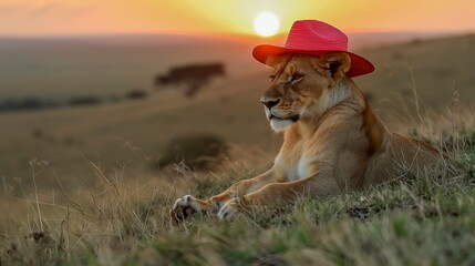 Lion is laying on the grass with a red hat on its head. The hat is a bright red color and is placed on the lion's head - obrazy, fototapety, plakaty