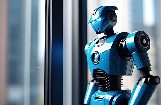 robot cyborg watching the window