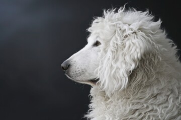 A Kuvasz-Hungarian Puli with a luxurious coat, gazing into the distance, with space for text along the bottom edge of the image.