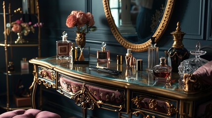 A UHD close-up of a vintage-inspired vanity table with ornate mirrors, perfume bottles, and a velvet-upholstered stool, evoking old Hollywood glamour and luxury in a feminine dressing room. © ZQ Art Gallery 