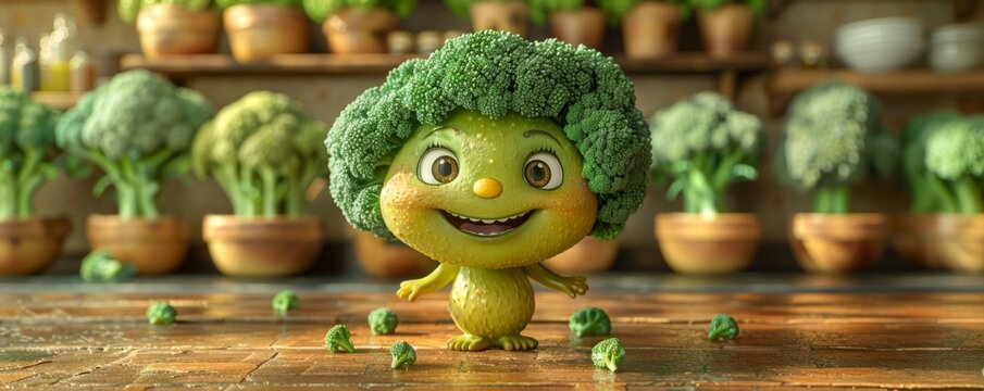 Happy smiling broccoli in the kitchen, 3d, realistic,generated with AI