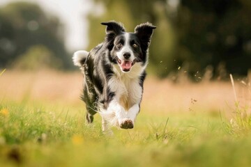 A lively border collie bounds playfully through a field, its eyes sparkling with intelligence and energy,