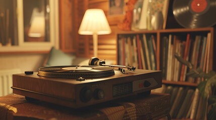 A UHD close-up of a vintage record player with a curated collection of vinyl records, inviting you to unwind and enjoy the warm, nostalgic sound of music in a retro-inspired living space. - obrazy, fototapety, plakaty