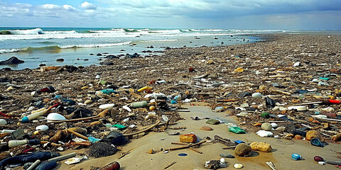 A beach covered in plastic trash and household garbage in a beautiful place, but apart from garbage there is nothing beautiful to be found,