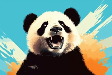 Illustration cheerful panda, its black and white fur framing a beaming smile, set against a solid-colored backdrop