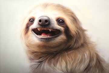 Illustration the happy face of a laughing sloth, its relaxed demeanor and contented smile captured against a neutral background.