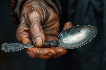 Aged Hands Holding an Antique Spoon, a Symbol of Heritage and Timeless Nourishment