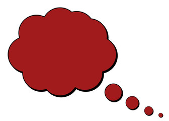 A blank empty comic book thought bubble with smaller ones leading to the subject. Red with black thick shadow, white background.
