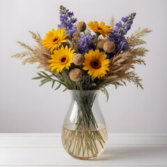 a bouquet of flowers in a vase on a white background. on the background of the wall