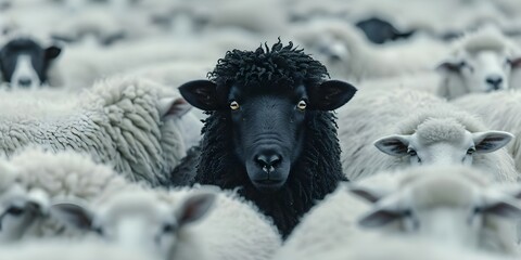 Closeup of black sheep among white flock symbolizing uniqueness and nonconformity. Concept Uniqueness, Nonconformity, Black Sheep, Symbolism, Closeup Shot - obrazy, fototapety, plakaty
