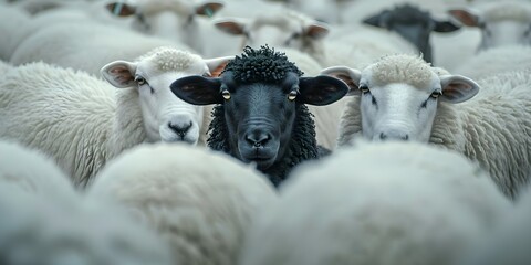 The Unique Black Sheep: Standing Out from the Flock. Concept Black Sheep, Uniqueness, Standing Out, Flock, Individuality - obrazy, fototapety, plakaty