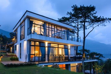 Obraz premium A large white house stands atop a vibrant green hill. The landscape is filled with lush vegetation under a clear sky