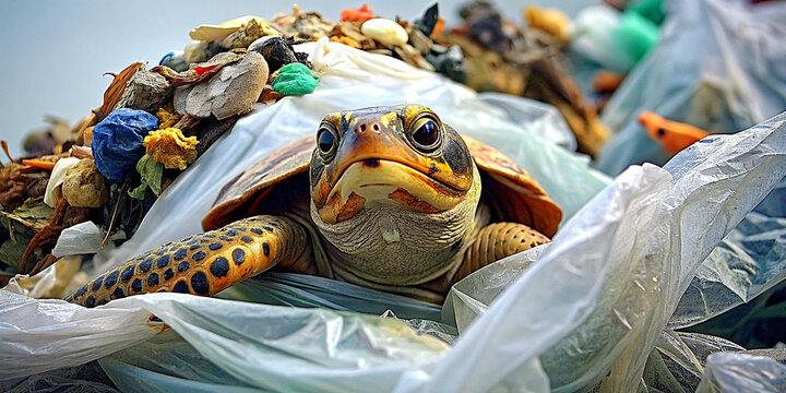 A turtle stretches its neck through all the plastic trash and garbage floating on the surface of the water to get some air, the turtle does not look happy.
