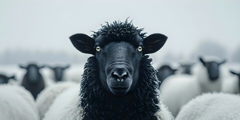 Embracing Uniqueness: Black Sheep Among White Flock. Concept Individualism, Embracing Differences, Standing Out, Unique Perspective, Diversity in Unity - obrazy, fototapety, plakaty