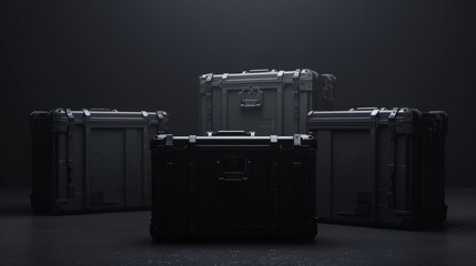 Mockup set of road cases for the filming equipment in the dark minimal, generated with AI - obrazy, fototapety, plakaty