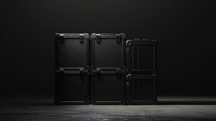 Mockup set of road cases for the filming equipment in the dark minimal, generated with AI - Powered by Adobe