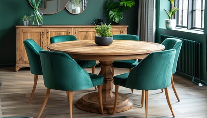 Mint color chairs at round wooden dining table in room with sofa and cabinet near green wall, generated with AI