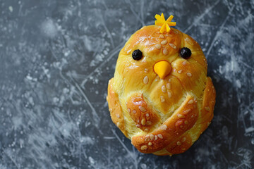 Overhead view of an easter chick made from hot cross buns
