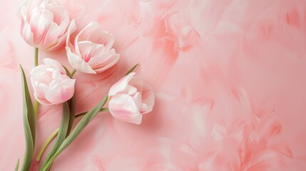 Light pink background with delicate tulips on the left side, creating an elegant and romantic atmosphere for mother's day or women's day, a perfect backdrop to emphasize feminine, generated with AI