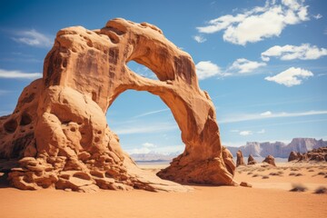 Amajestic desert arch, formed by natural erosion and framed against the vast expanse of the sky, embodying desert aesthetics