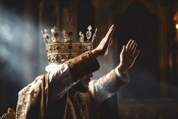 King's head in profile and hands lifting the crown to his crown, embodying the strength and dignity of a ruler.