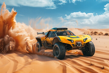 Rally Raid Vehicle Conquering the Dune Sea, Sandstorm in Its Wake, Motorsport Excellence