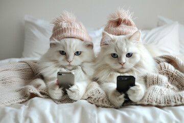 Dwa koty w łóżku trzymające telefony - obrazy, fototapety, plakaty