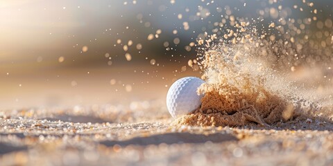 Golf ball hitting sand in bunker. Close-up action shot with dynamic sand splash. Sports and golfing concept for design and print. - obrazy, fototapety, plakaty