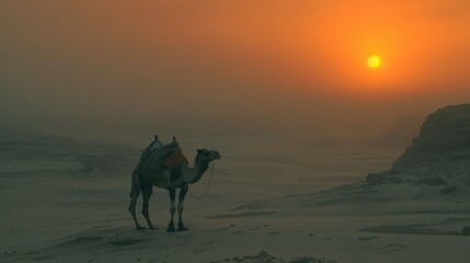 Camel In the desert, the desert illuminated by the setting sun, generated with AI