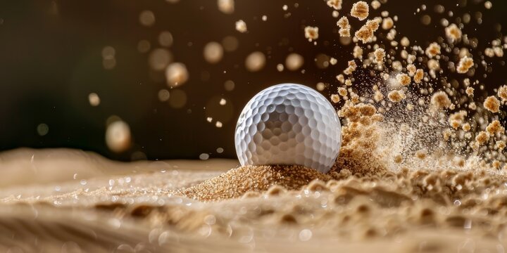 Golf ball on sand with explosive dust. High-speed action shot of a golf ball creating a splash in the sand trap. Sport and leisure concept