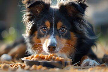 Hungry dog eating food at home, realistic, generated with AI