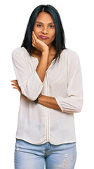 Young african american woman wearing casual clothes thinking looking tired and bored with depression problems with crossed arms.