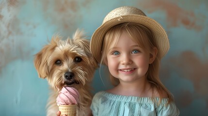 Little girl with ice cream and her little dog.  Concept of love and sharing. Generative AI