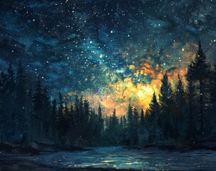 Obraz premium Starry sky, pine forest, yellow and blue lights, generated with AI